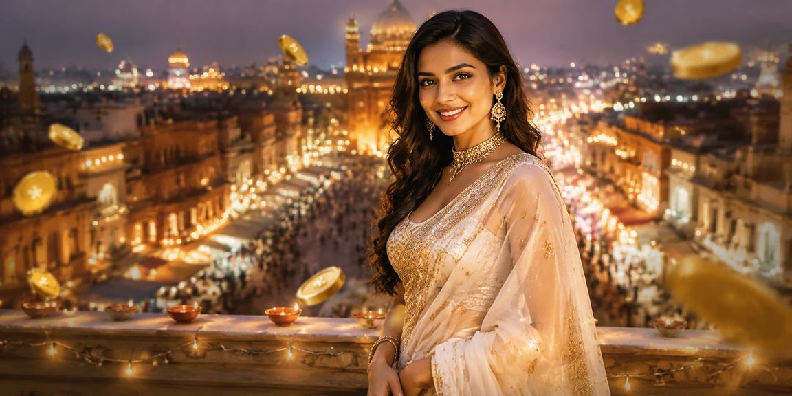 Indian woman in saree enjoying entertainment and cricket betting page