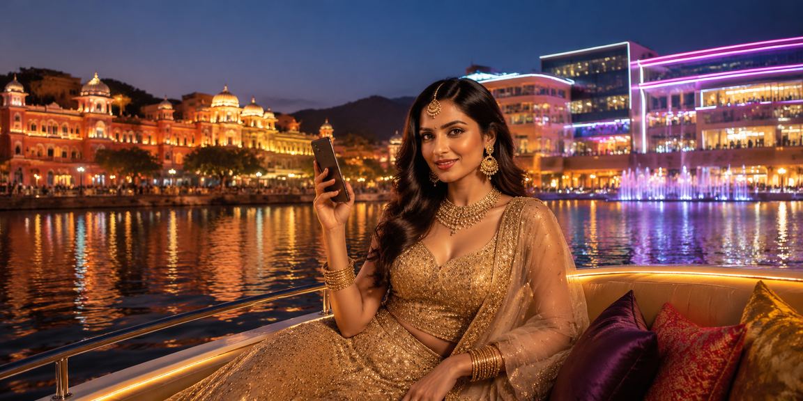 Indian festive scene in Jaipur with vibrant lehenga and lottery excitement